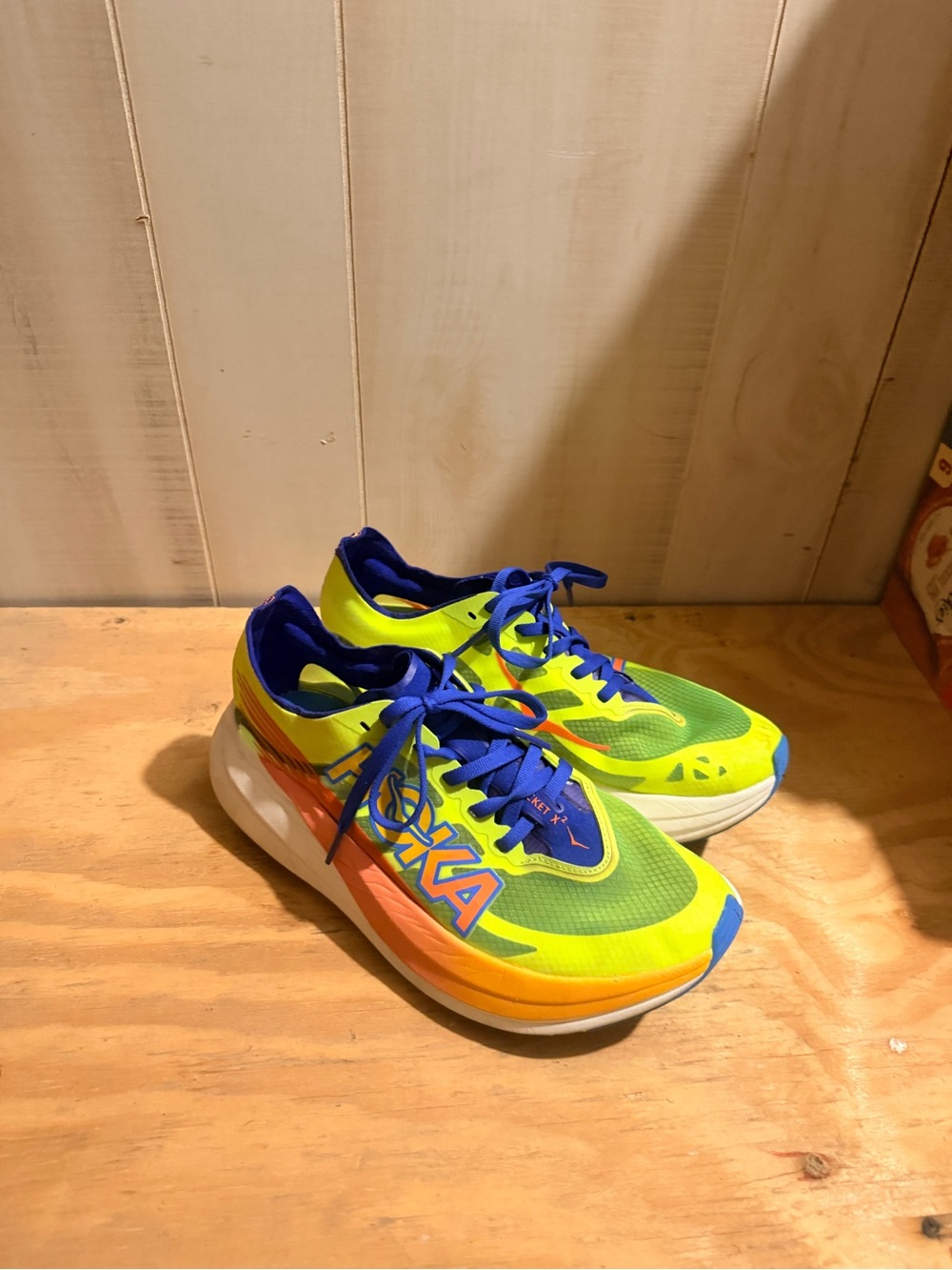 Hoka Neon Yellow & Blue Kids' Running Sneakers with Orange Accents
